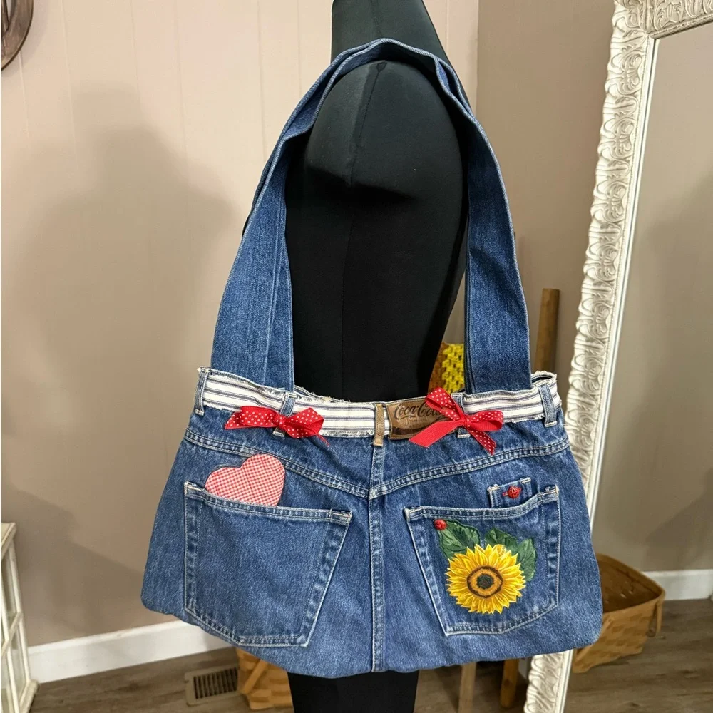 Handmade Sunflower & Ladybug Denim Bumbag Purse